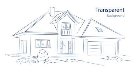 Linear architectural blue sketch detached house. Vector illustration o transparent background.