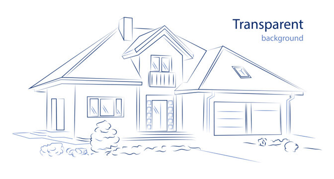 Linear architectural blue sketch detached house. Vector illustration o transparent background.