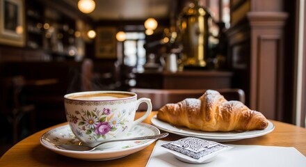 Coffee cup with latte and croissant on a table in a cafe