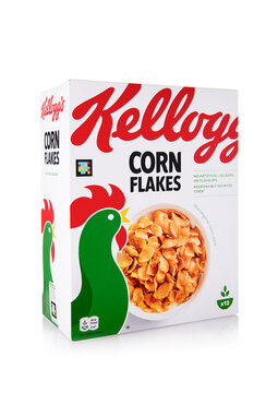 LONDON,UK - APRIL 18,2025: Box of Original Kellogg's corn flakes breakfast cereal on white background.