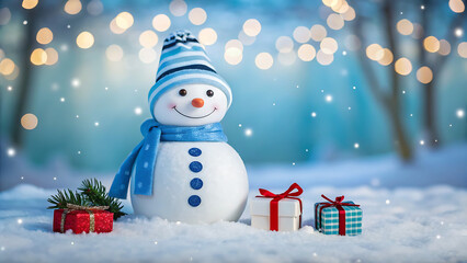 Obraz premium Charming snowman wearing a striped hat and scarf stands in a snowy forest with festive christmas presents and bokeh lights