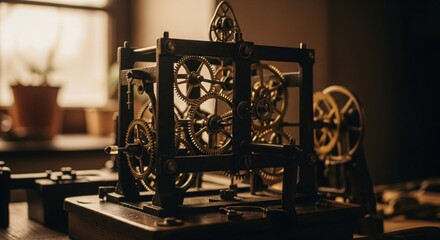 Fototapeta premium Close-up of intricate antique clock mechanism. Dark, detailed view of gears and levers within a metal frame. Wooden base. Soft light