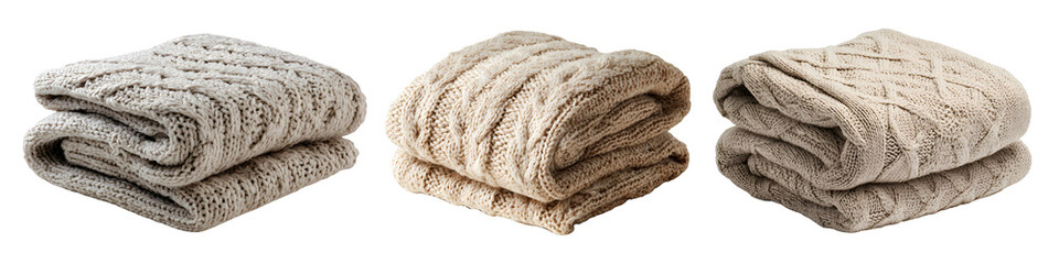 Three intricately folded knitted wool scarves with detailed cable knit patterns isolated on transparent background