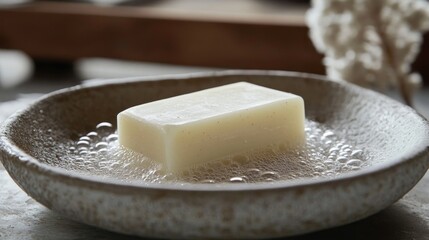 A bar of soap in a dish, creating suds