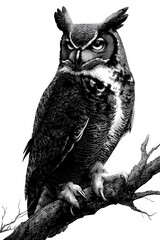 Detailed illustration of a great horned owl perched on a tree branch, showcasing intricate line work and a serious expression.