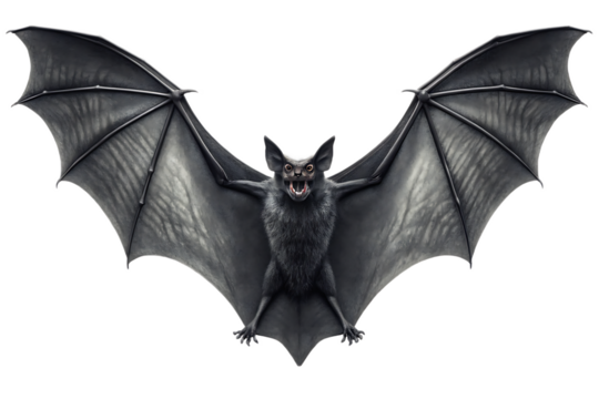 A dark bat with its wings spread wide open against a black background showing its teeth and ears