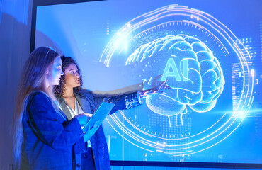 Two presenters discussing artificial intelligence and technology visualized on a screen