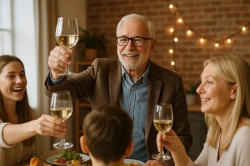 Smiling family raising wine glasses for a toast during a cozy home dinner, with a happy senior man leading the celebration.