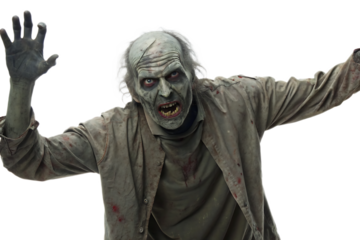 A menacing zombie with outstretched arms and a decayed appearance against a black background