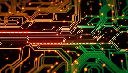 Intricate glowing circuit board pattern on dark background,  green,  digital