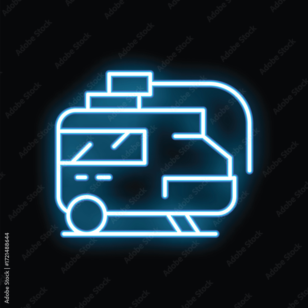 Poster bright blue neon icon of a tram running on rails with pantograph up on a black background