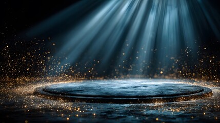 Fototapeta premium Elegant circular stage, empty and ready for an awards ceremony, illuminated by dramatic blue spotlights with glittering golden particles.