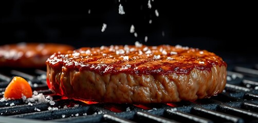 Juicy beef patty sizzling on grill, salt falling Dark background,  juicy,  sizzling