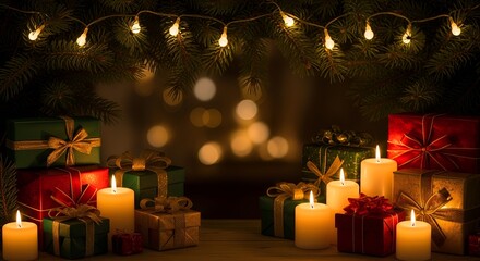 "Festive Christmas & New Year Background with Gifts and Pine Decorations"