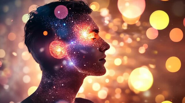 aura glows on the background of a person. Selective focus.