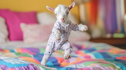 Adorable baby goat in pajamas, mid-jump on a colorful bed