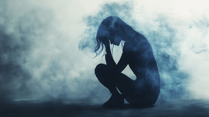 Silhouette of a woman overwhelmed by sadness and grief, she embodies the burden of stress, anxiety, and mental health challenges in a dark, moody scene