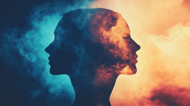 Intriguing dual face profile, symbolizing duality, emotions, and inner conflict, perfect for psychology, self-discovery, and mental health concepts