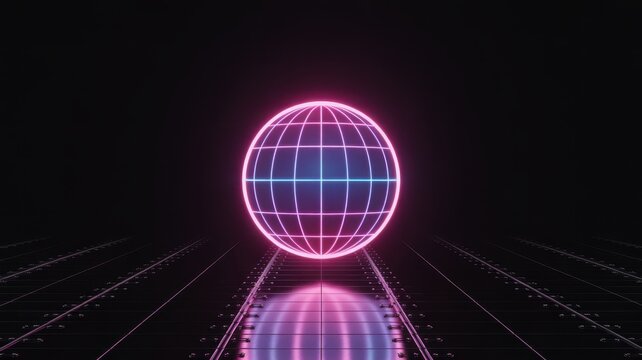 Illuminated Globe on Perspective Path: A striking neon-lit globe levitates in the center of a perspective pathway. - Powered by Adobe