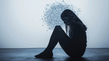 Woman lost in complex thoughts and abstract data visualization, representing mental overload or deep contemplation with a futuristic network.