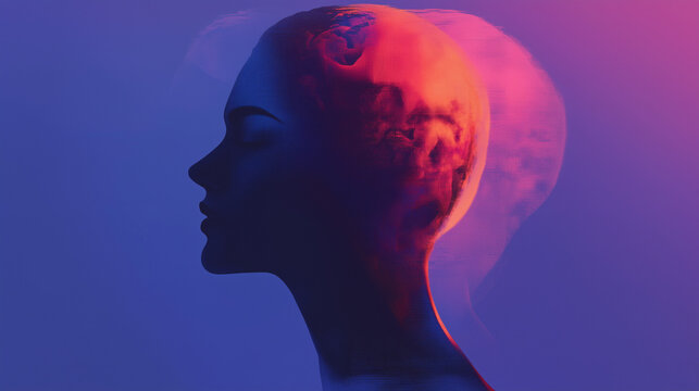 Ethereal woman's profile with futuristic neon glow, perfect for tech, beauty, or wellness brand designs, expressing serenity, innovation, and modern elegance