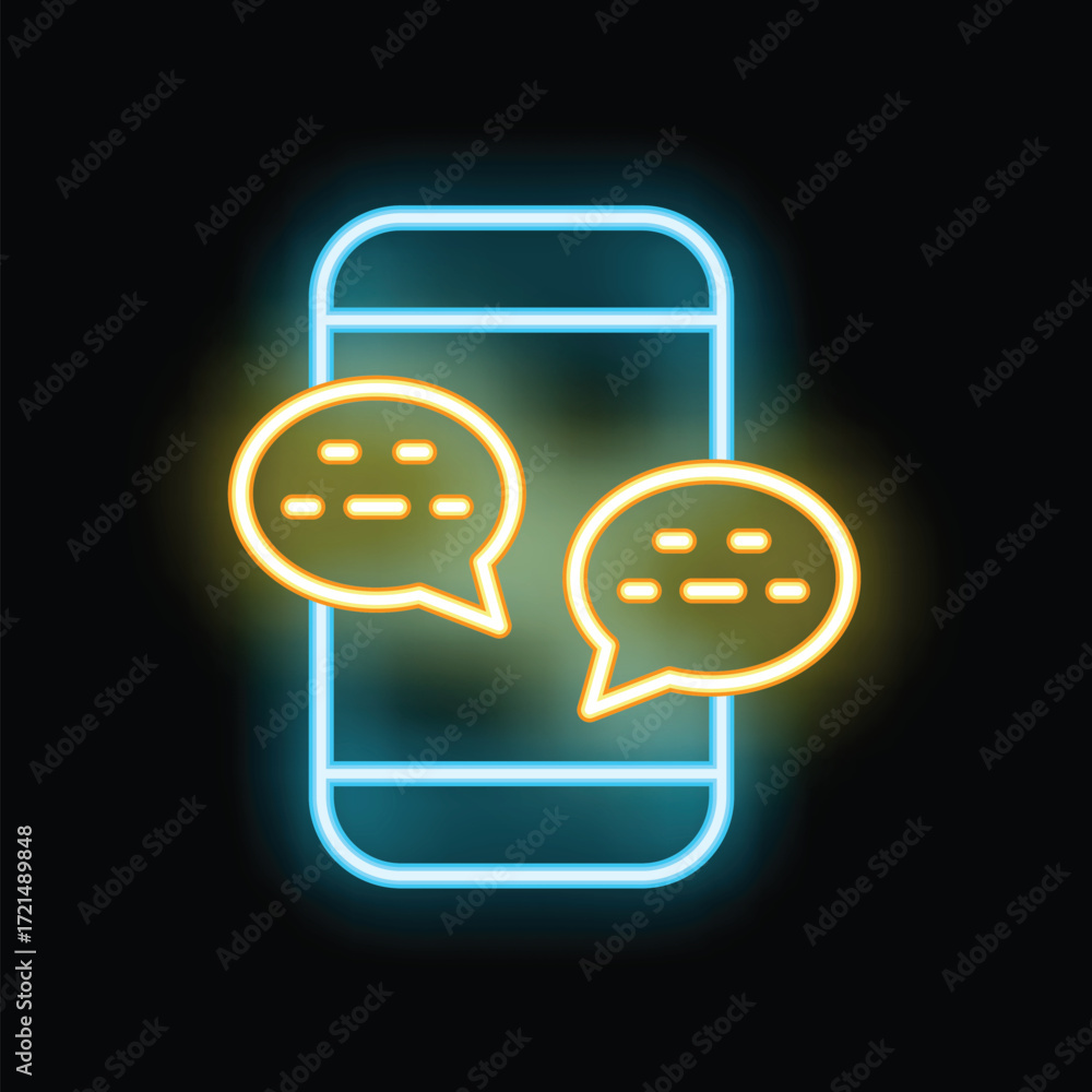 Poster neon sign of a smartphone with two instant messages appearing on a dark background