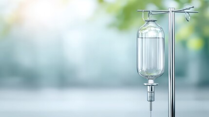 Clear IV Bag Hanging on Metallic Stand with Blurred Background