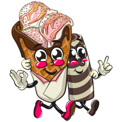 waffle ice cream with chocolate and sprinkles mascot with a chocolate wafer roll character while giving thumbs up, work of hand drawn