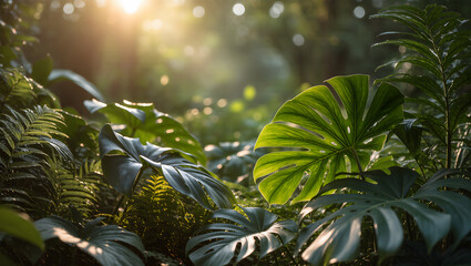 Fototapeta premium Abstract Green Leaves with Sunlight and Bokeh Background