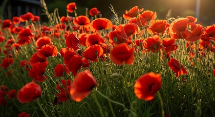 Obraz premium Field of vibrant red poppies illuminated by warm golden hour sunlight poppy red poppy