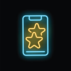 Glowing neon line icon of smartphone with five star rating on screen, concept of customer product review
