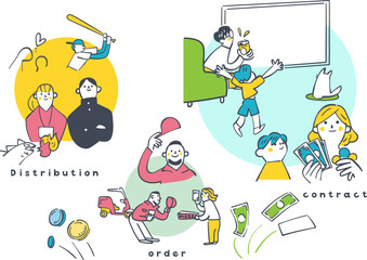 配信サービスとお金の流れを学ぶ金融教育イラスト　契約と消費活動
