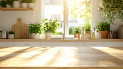 Fototapeta premium A serene kitchen filled with sunlight, featuring wooden countertops, potted plants, and a cozy, inviting atmosphere.
