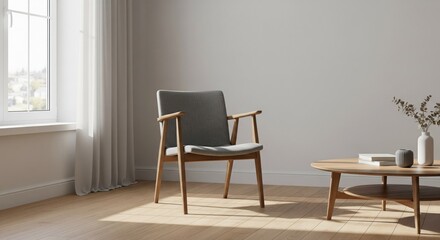 Light-filled room with a simple armchair and coffee table