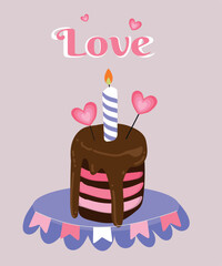 Cake with Dark Chocolate and Pink Cream at Candle,Love Decoration