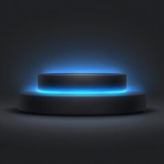 A dark gray, two-tiered circular platform glows with vibrant blue neon accents, creating a modern and futuristic presentation display.