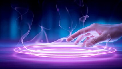 Luminescent holographic display activated by human hand, revealing interactive digital environment with dynamic neon light projections and immersive technological interface - Powered by Adobe