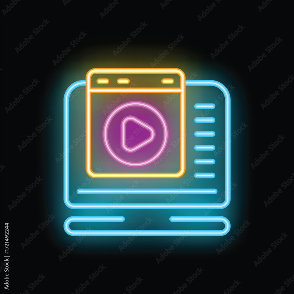 Aufkleber neon sign depicting a computer screen displaying a video player window, suggesting online streaming 