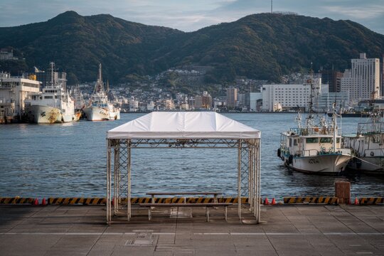 Empty white gazebo at waterfront