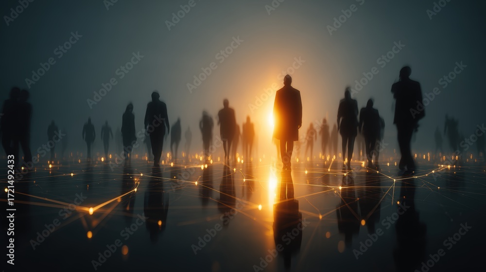 Poster shadowy figures stand in a digital landscape, illuminated by a glowing light, creating a mysterious 
