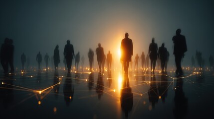 Fototapeta premium Shadowy figures stand in a digital landscape, illuminated by a glowing light, creating a mysterious and futuristic atmosphere.