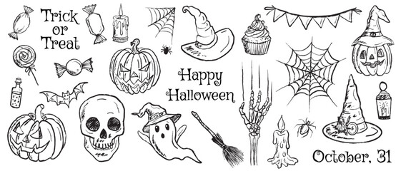 Set of Halloween craft drawing with carved pumpkin, skull, wizard hat, cobweb, ghost in black brush stroke texture isolated on white. Hand drawn vector sketch illustration in vintage charcoal ink