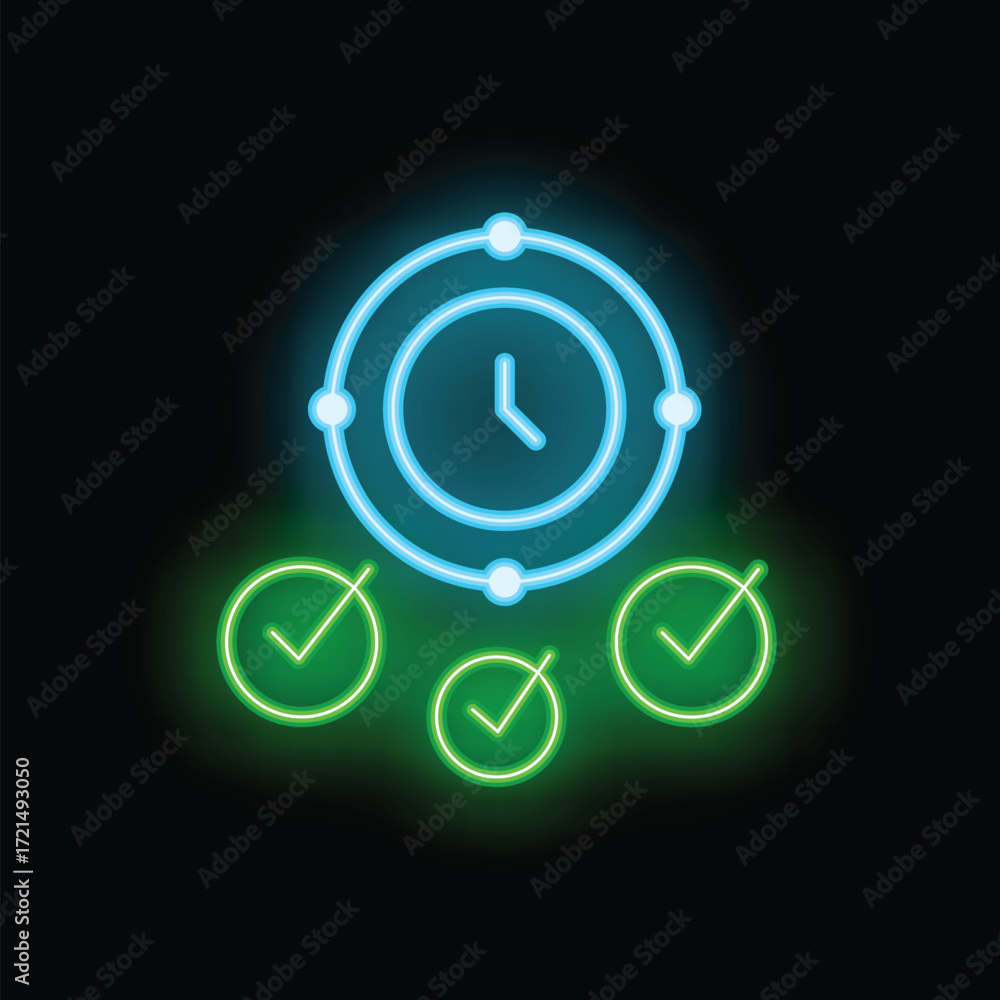 Aufkleber neon clock is connected to three check marks, representing the successful completion of tasks within