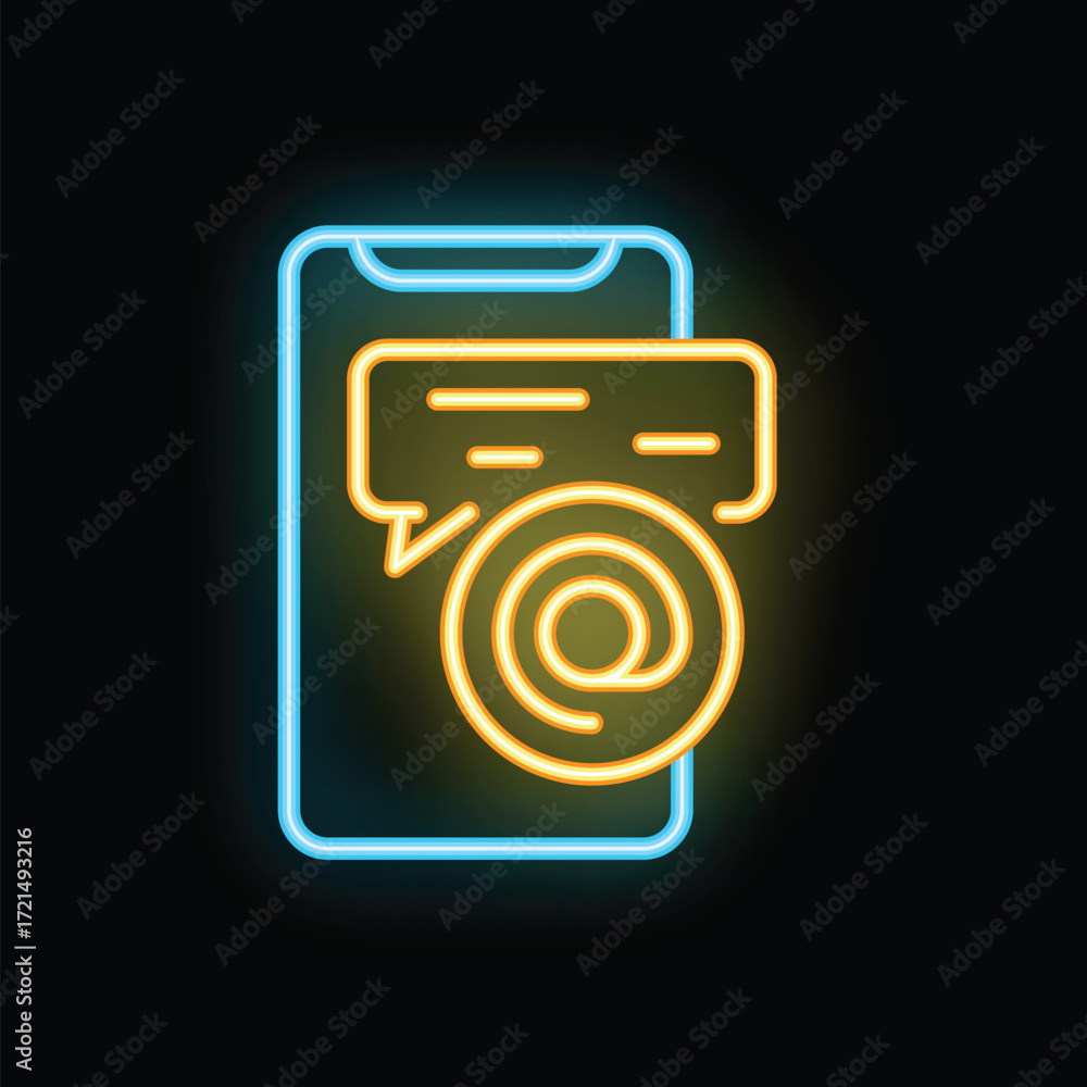 Poster glowing neon icon of a smartphone with a new email notification is displayed on a dark background