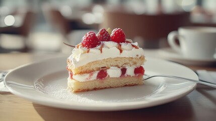 Delicious Layered Raspberry Cake Sliced on a White Plate with Fork