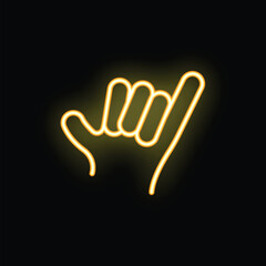 Neon yellow shaka hand gesture glowing on a black background