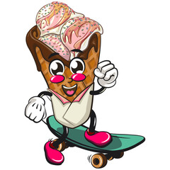 waffle ice cream with chocolate and sprinkles mascot playing skateboarding, work of hand drawn