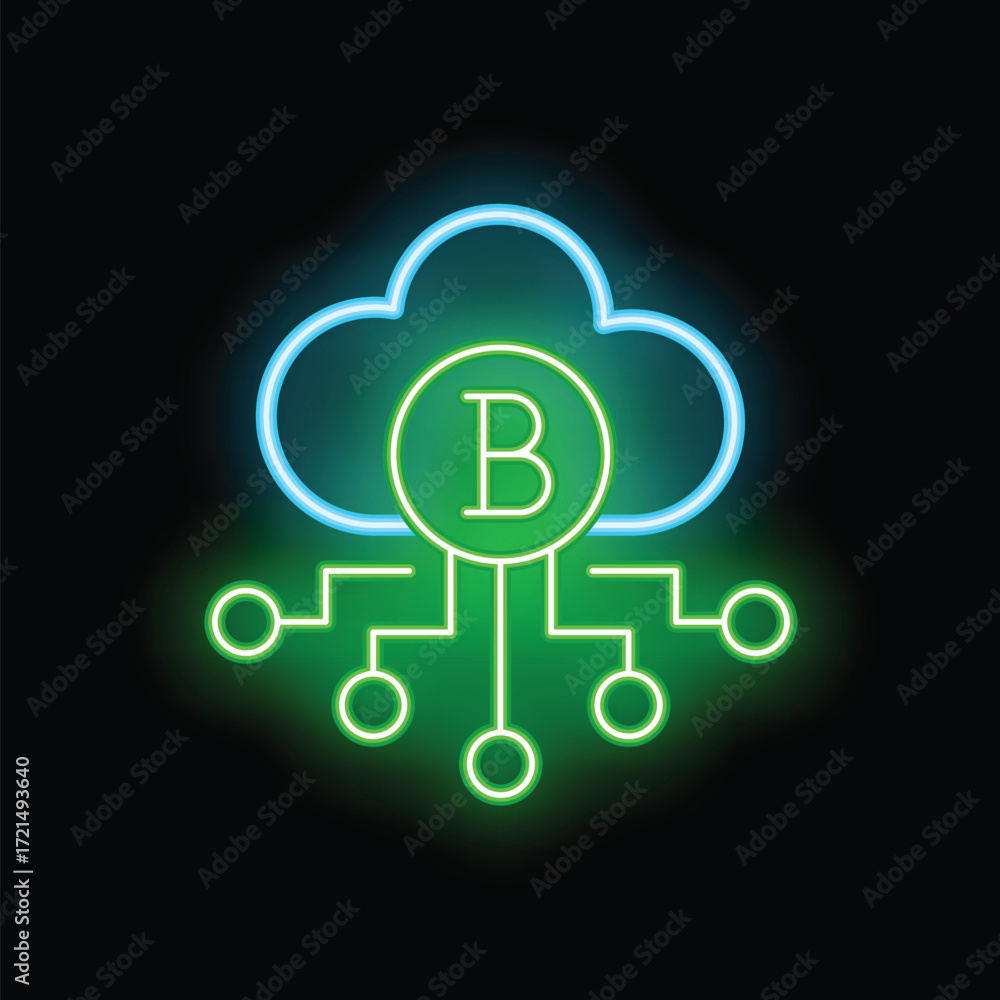 Aufkleber glowing neon icon of bitcoin connecting to a network through cloud computing