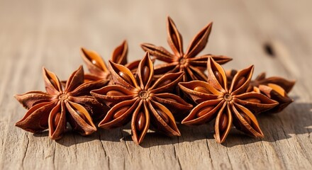 Star anise spice cluster on a wooden surface