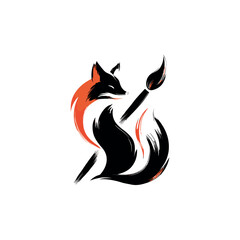 Stylized fox illustration with a paintbrush in black and orange on a white background art concept